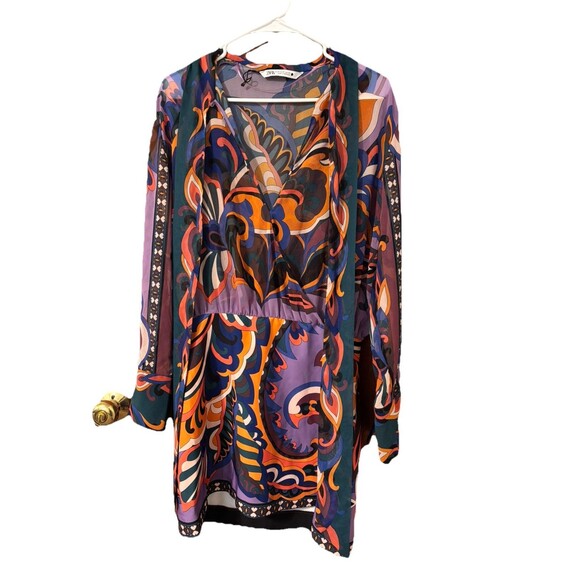 Zara Dresses & Skirts - Zara Pucci Mini Dress Scarf Neck Tie Multi Color Print Florals Long Sleeve Sz M